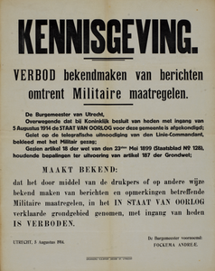 750125 Kennisgeving van de burgemeester van Utrecht met een verbod op het verspreiden van militaire berichten in ...